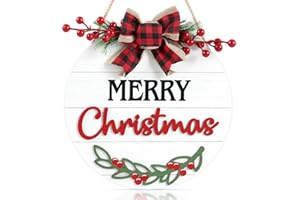 TOARTi Merry Christmas Wooden Front Door Sign Wreath(12x12inches), Rustic Christmas Welcome Wall Sign Plaque, Farmhouse Xmas Home Porch Decor for Housewarming