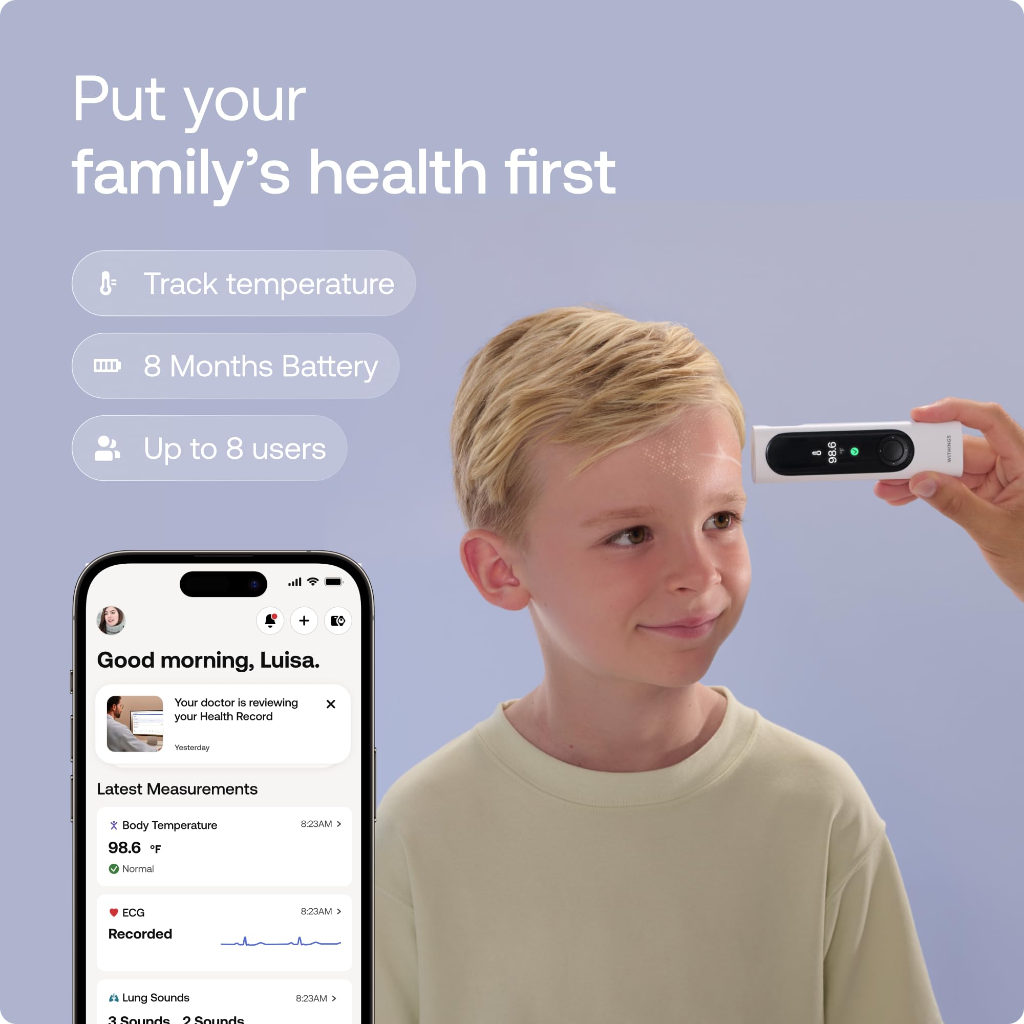WITHINGS BeamO – Kontaktloses digitales Smart Thermometer, Fiebererkennung, 4-in-1 MultiScan, EKG, Pulsoximeter, Digitales Stethoskop, Für Kinder & Erwachsene, Multi-User, Familiengesundheit 3