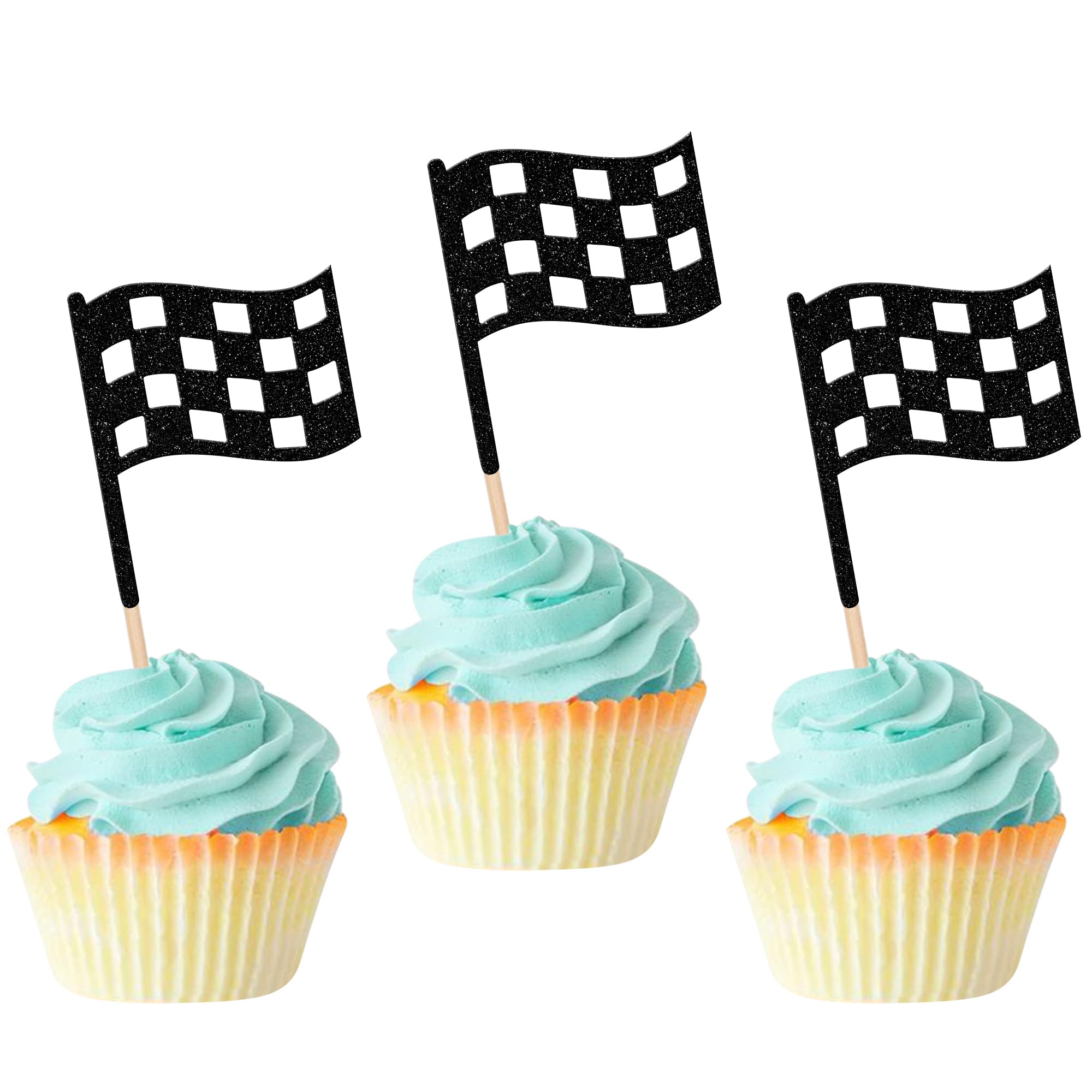 Xsstarmi 24 Pack Checkered Racing Flag Cupcake Toppers Black Glitter Race Car Checkered Flag Cupcake Picks Finish Line Flag Cupcake Decorations for Flags Racing Car Theme Party Cake Decorations