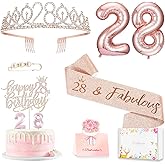 Awfrky 28th Birthday Decorations for Her Women, Including 28 year old Birthday Cake Topper, Queen Sash with Pearl Pin, Sweet Rhinestone Tiara Crown, Number Candles and Balloons Set, Rose Gold