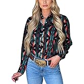 Bellesumyee Womens Retro Aztec Pearl Snap Shirts Lapel Button Up Blouse Long Sleeve Cowgirl Ethnic Print Rodeo Western Tops