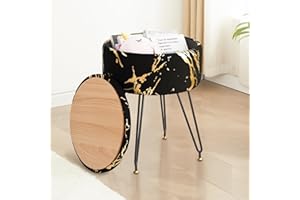 ALeesing Velvet Vanity Stool, Ottoman Make Up Stool with Large Storage, Round Footrest Footstools with 4 Metal Legs & Adjustable Footings for Living Room Bedroom Entryway-Black