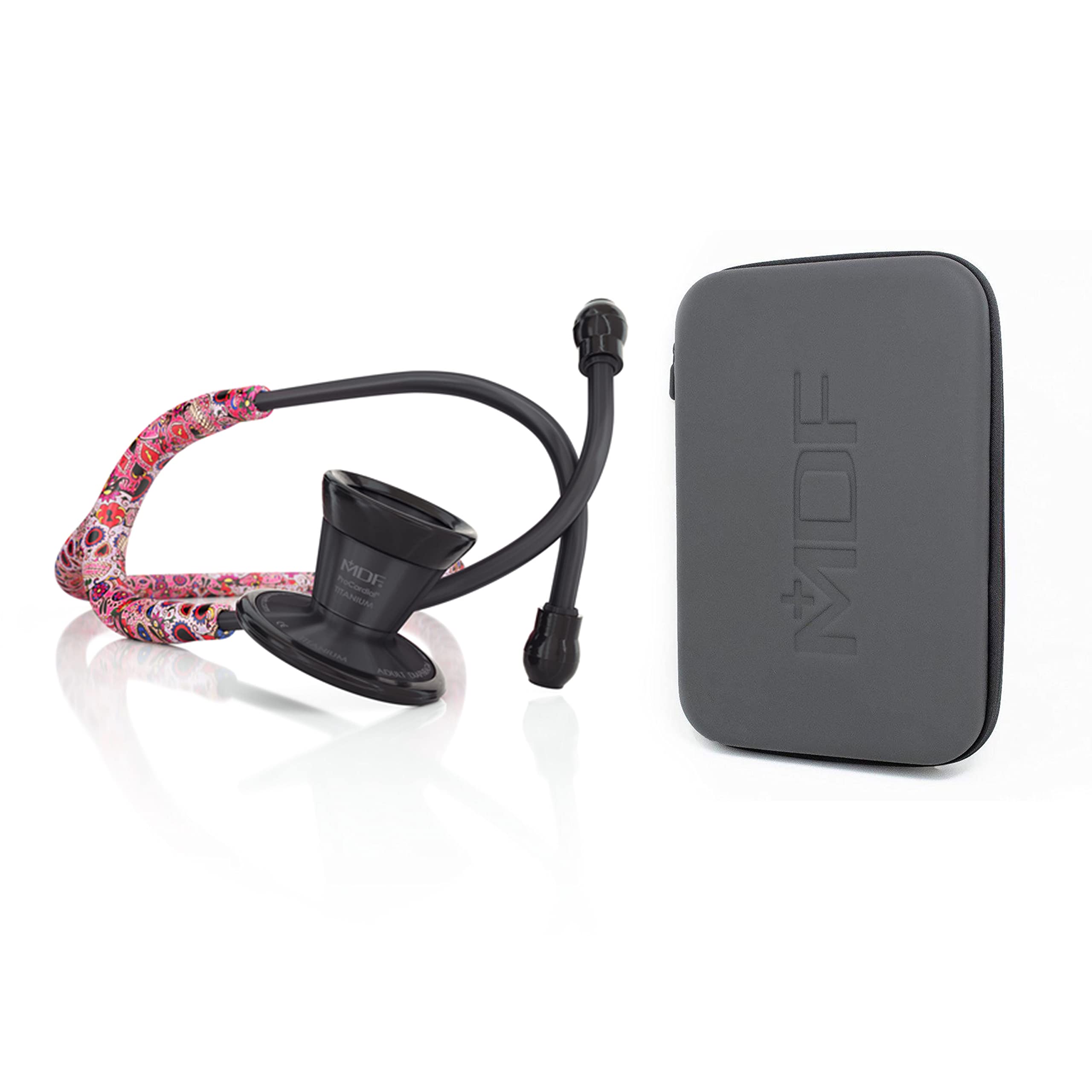 MDF Instruments, Sugar Skull/BlackOut ProCardial Cardiology Stethoscope, Lightweight Titanium, MDF797TSKBO + MDF Stethoscope Hard Travel Carrying Case with Mesh Pocket, Medium Size (MDFSCM12)