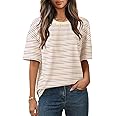 MEROKEETY Women's Summer Short Sleeve Shirt Casual Colourful Striped Crewneck Loose Tops Blouse