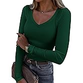 Roselux Womens Long Sleeve V Neck Ribbed Knit Fitted Casual Tops Tee Slim Basic Shirt