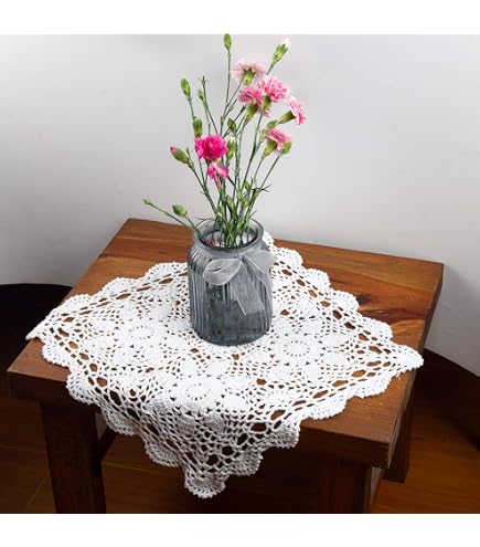 7 Inch Round Doily With Blue Rose - Ivory Polyester Table Protector For Furniture Decor