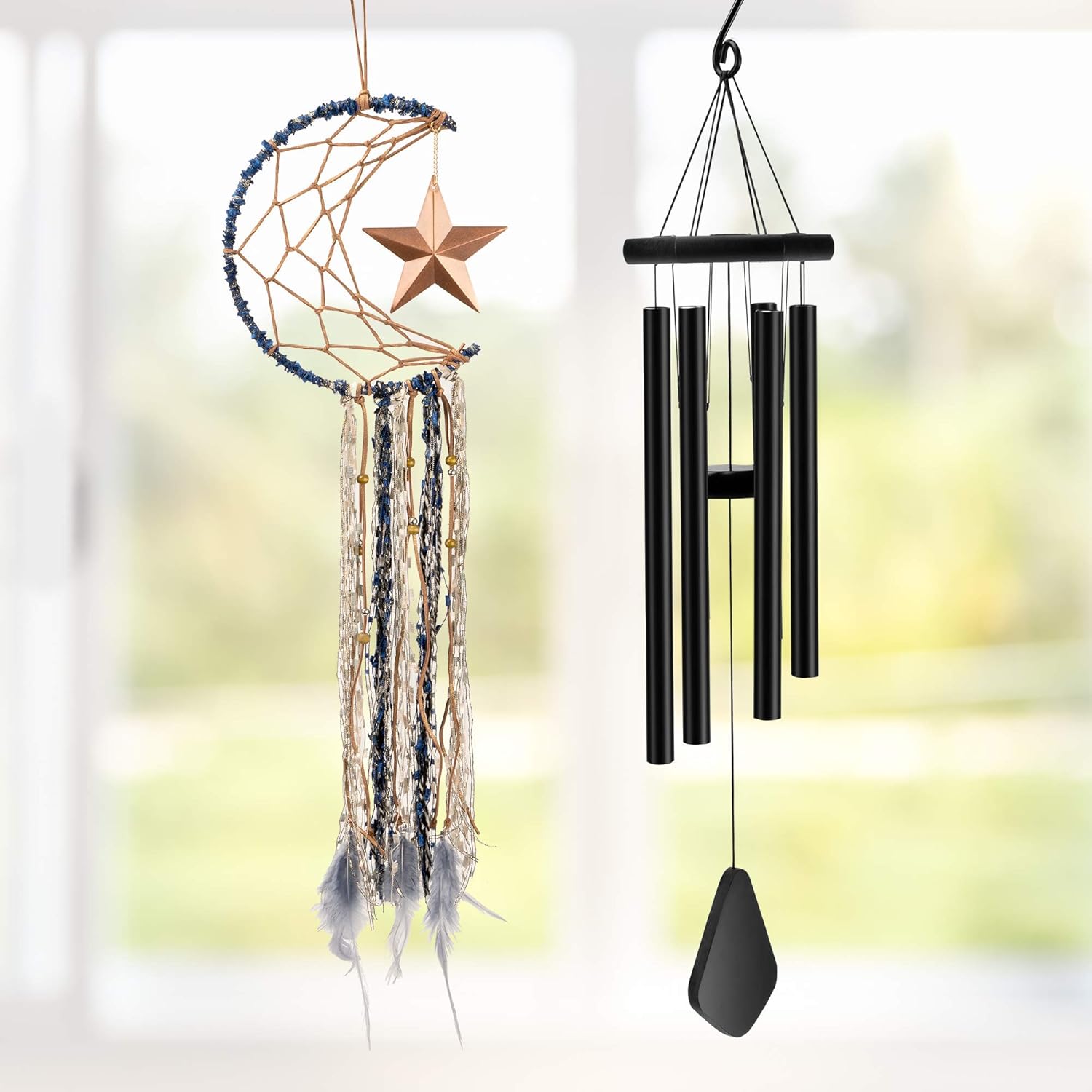 HENMI Outdoor Wind Chime Set,Soothing Melodic Tones,Sympathy, Memorial Wind Chimes with Handmade Half Circle Moon Design Dream Catcher Wall Decor