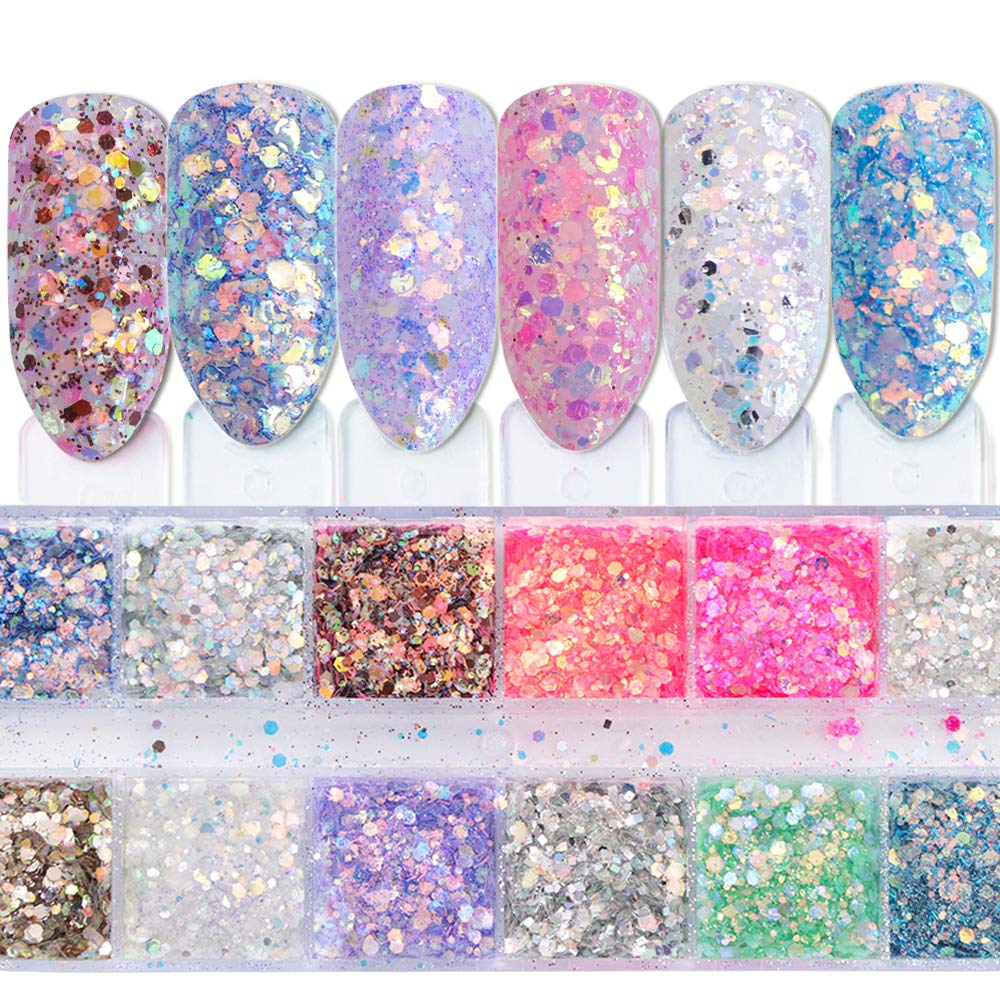 Holographic Nail Glitter Sequins Nail Art Accessories Mixed Colorful 3D Nail Glitter Flakes for Nails Decoration Shiny Nail Sparkle Glitter Designs Mermaid Manicure Tips Charms (12 Colors): Beauty