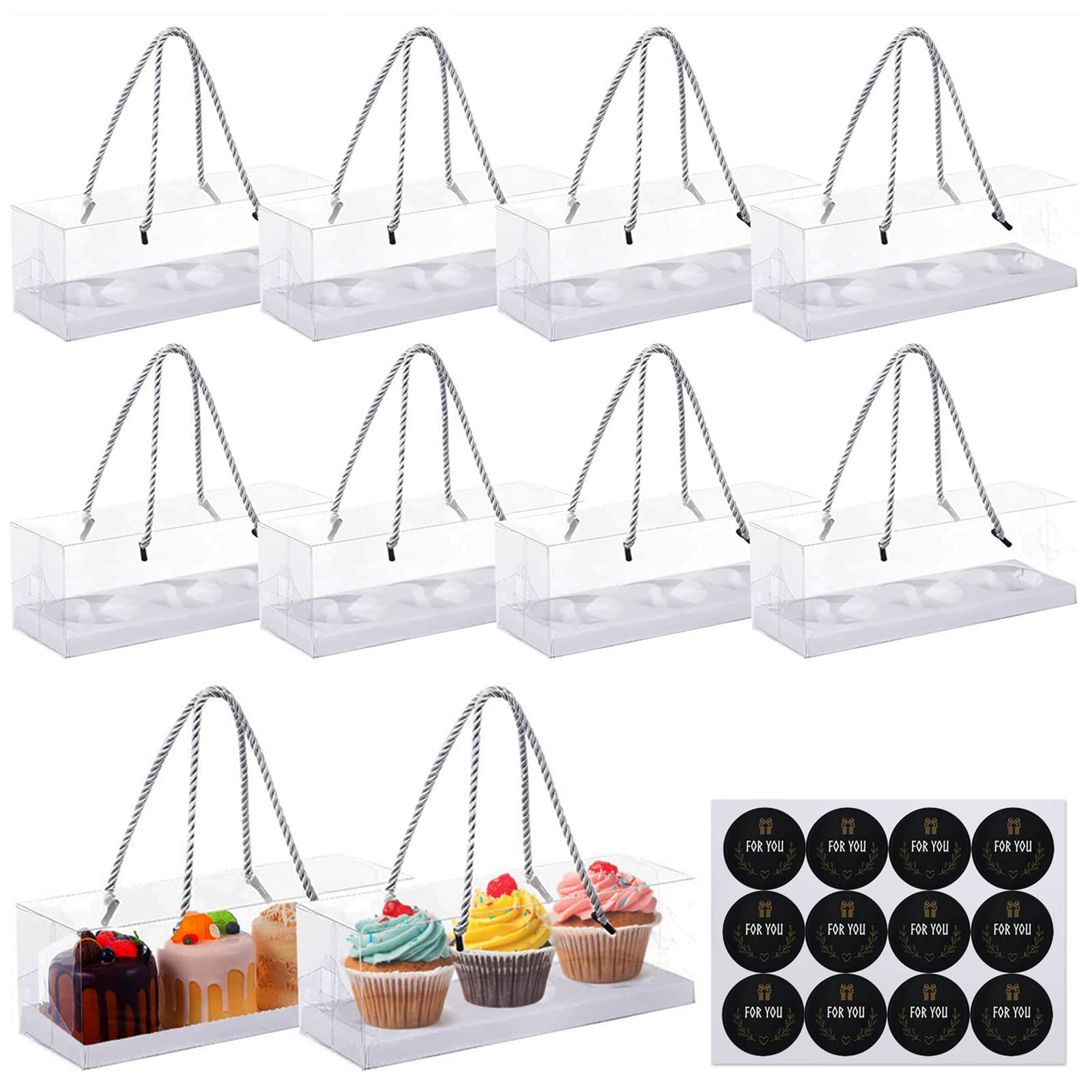 Surflyee 10Pcs Cupcake Boxes, 3 Hole Clear Cupcake Boxes with Window and Inserts, Cupcake Container Individual with Sticker, Clear Cake Box for Cupcake, Muffin, Suitable for Party, Wedding, Cake Shop