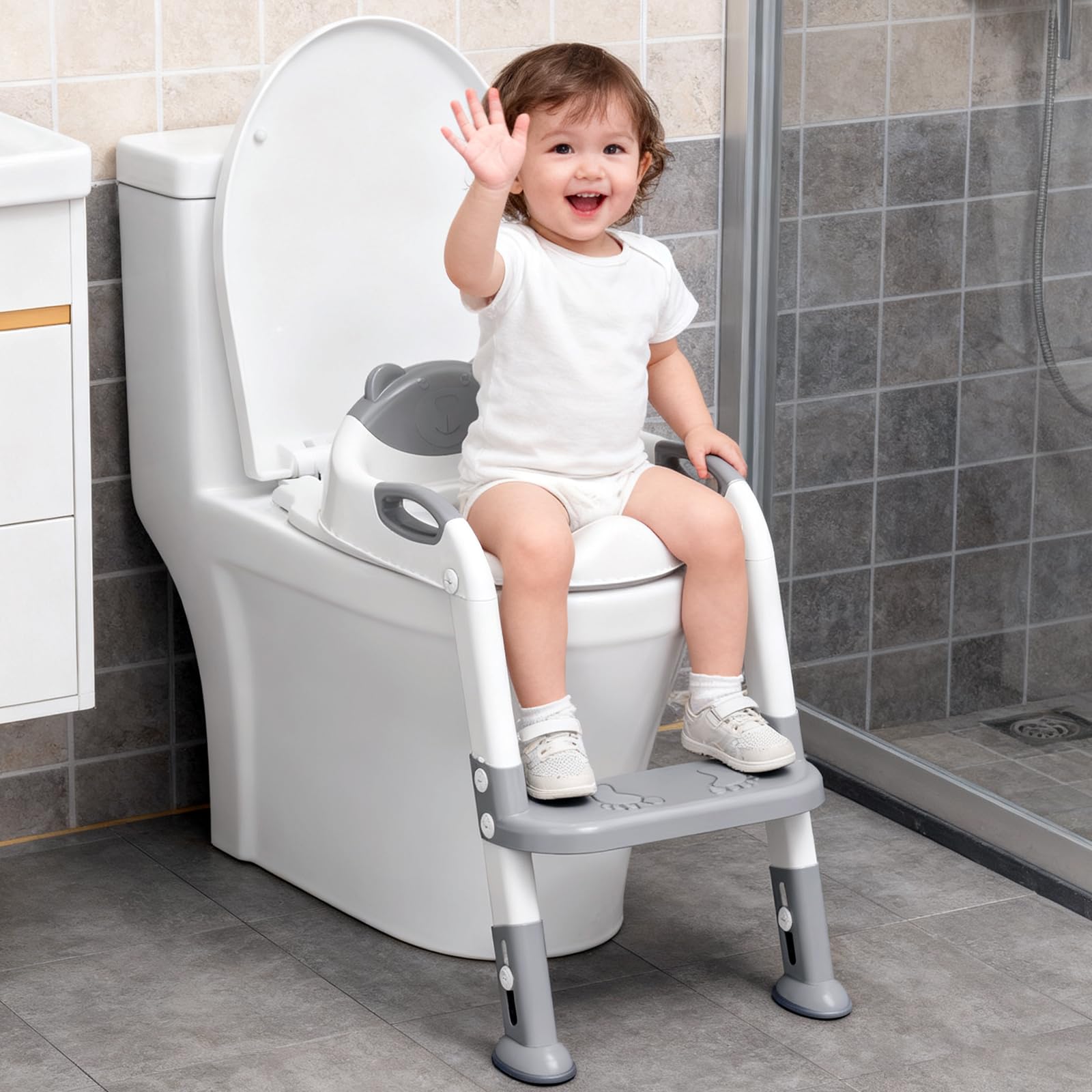 Potty Training Seat with Step Stool Ladder, SKYROKU Potty Training Toilet for Kids Boys Girls Toddlers - Comfortable Safe Potty Seat with Anti-Slip Pads Ladder Grey