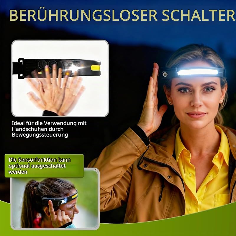 4Pcs Stirnlampe Led Wiederaufladbar, Stirnlampe mit Sensor, Kopflampe Superheller 5 Lichtmodi, 230°Weitwinkel, Leichtgewicht, IPX4 Wasserdicht Headlamp für Camping, Wandern, Angeln, Joggen — Foto 5 von 8