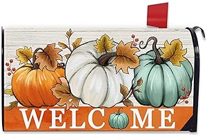 FBCOO Welcome Fall White Teal Pumpkin Mailbox Cover Magnetic Standard Size 21" x 19", Autumn Seasonal Decorative Post Letter Box Decor, Thanksgiving Farmhouse Rustic Garden Yard Outdoor Decoration