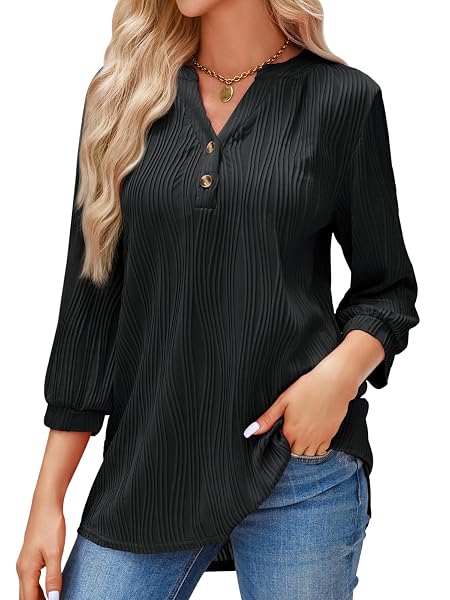 TANKANEO WOMENS 3/4 SLEEVE TUNIC TOPS LOOSE FIT DRESSY CASUAL V NECK TEXTURED SHIRTS BLACK, SMALL