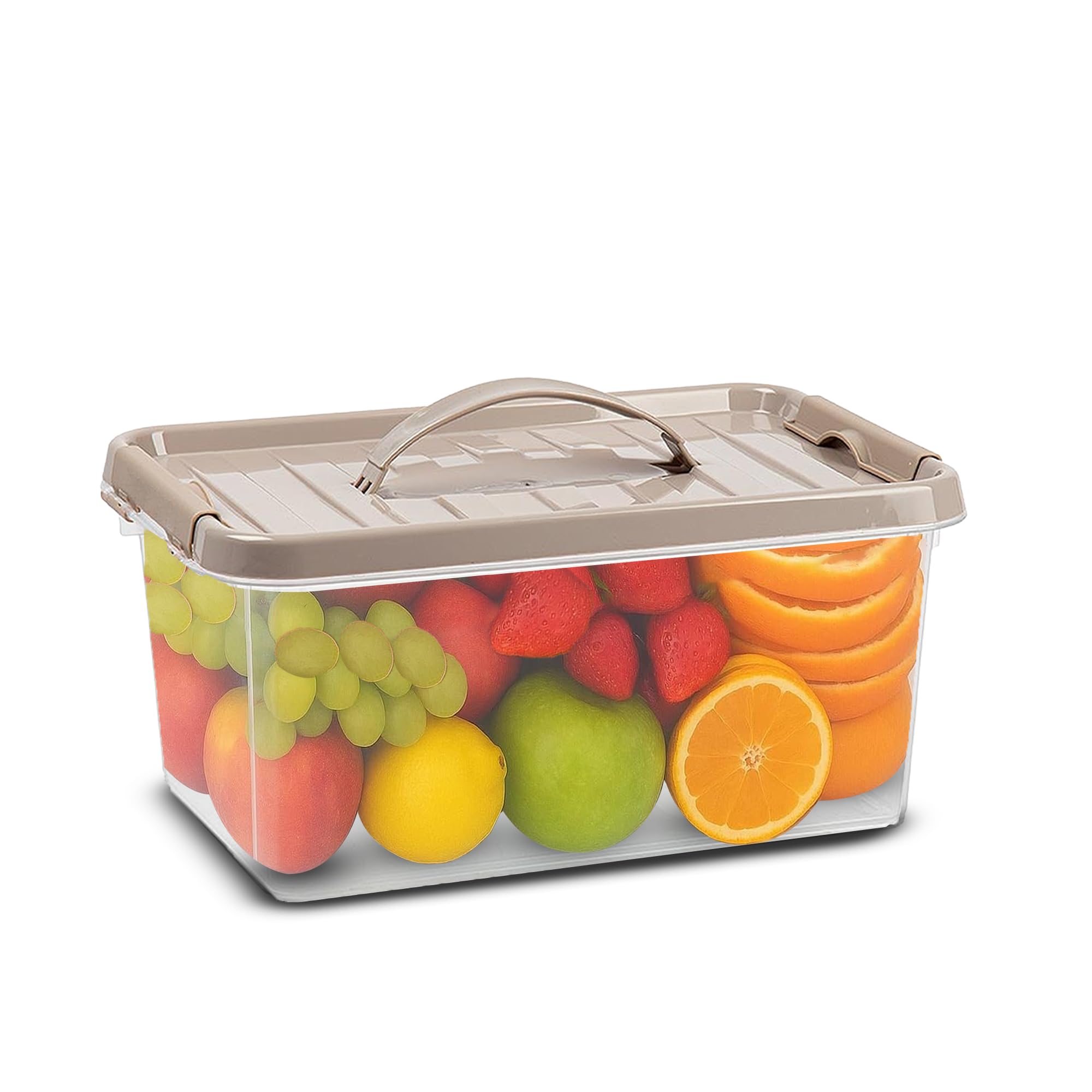 Plastic Storage Box Lightweight Robust Stackable Storage Boxes with Lid, Clear Latch Boxes, Plastic Organiser, Space Saving Solution for Home Office (3.5L - Taupe Lid with Handle)