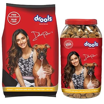 Drools Chicken and Egg Adult Dog Food, 3 kg with Free 900 gm Biscuits