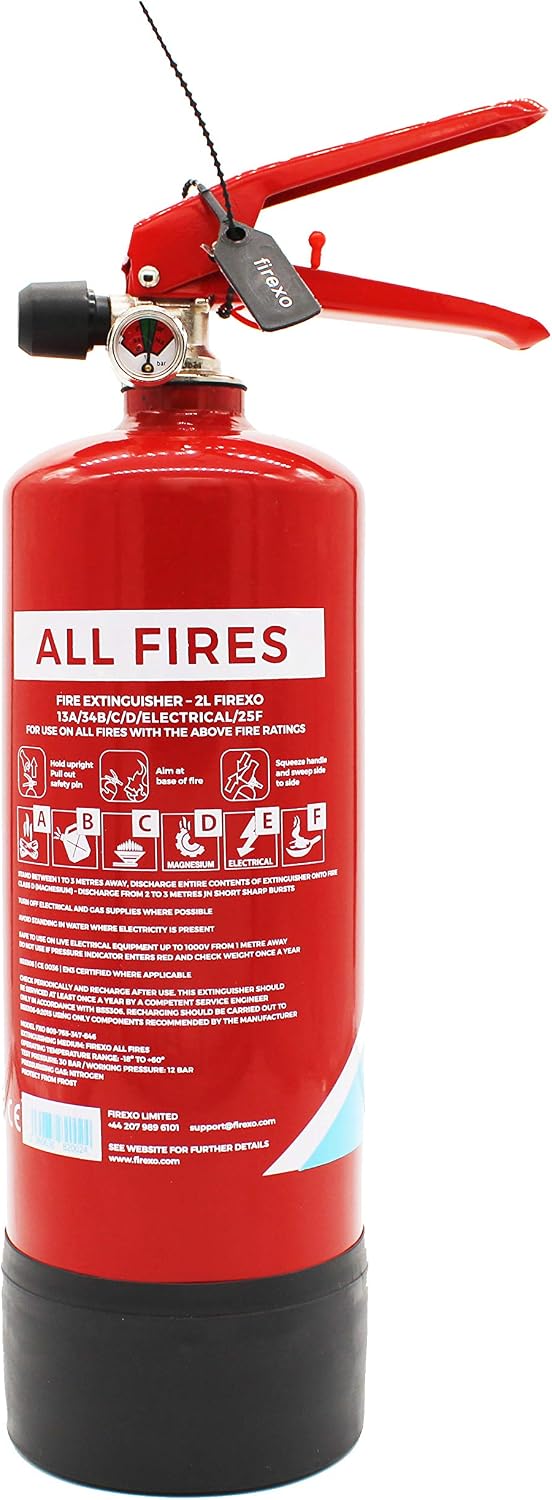 Firexo All in One Fire Extinguisher (2 Litre / 2 kg), Multipurpose Extinguisher for ALL FIRES inc. Li-ion Battery Fires!