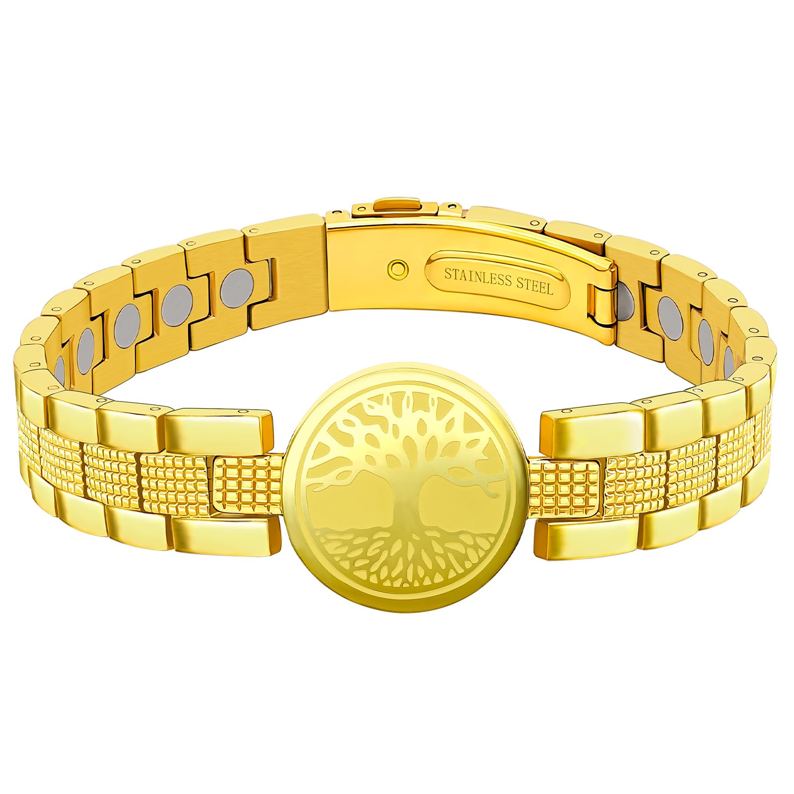 JEROOT Magnetic Bracelet Women's Titanium Steel Tree of Life World Tree Gold Magnetic Bracelet Men with Ultra Strength of 6000 Gauss Magnets, Adjustable