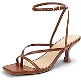 LOOPCHARM Women's Kitten Heel Strappy Open Square Toe Thong Ankle Strap Heels for Wedding,Brown Pu,6,L1