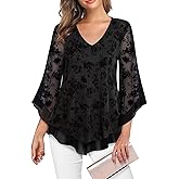 Lotusmile Womens Dressy Blouse Double Layers Mesh Shirt Ruffle 3/4 Flared Sleeve Tunic Tops
