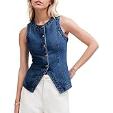 D-Sun Women Denim Vest Sleeveless Crewneck Button Down Jean Waistcoat Casual Front Slit Slim Denim Tank Top