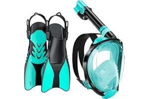 W WSTOO Mask Fins Snorkel Set,Snorkeling Gear for Adults,Full Face Snorkel Mask & Adjustable Swim Fins,Dry Top System Anti-Fog Anti-Leak
