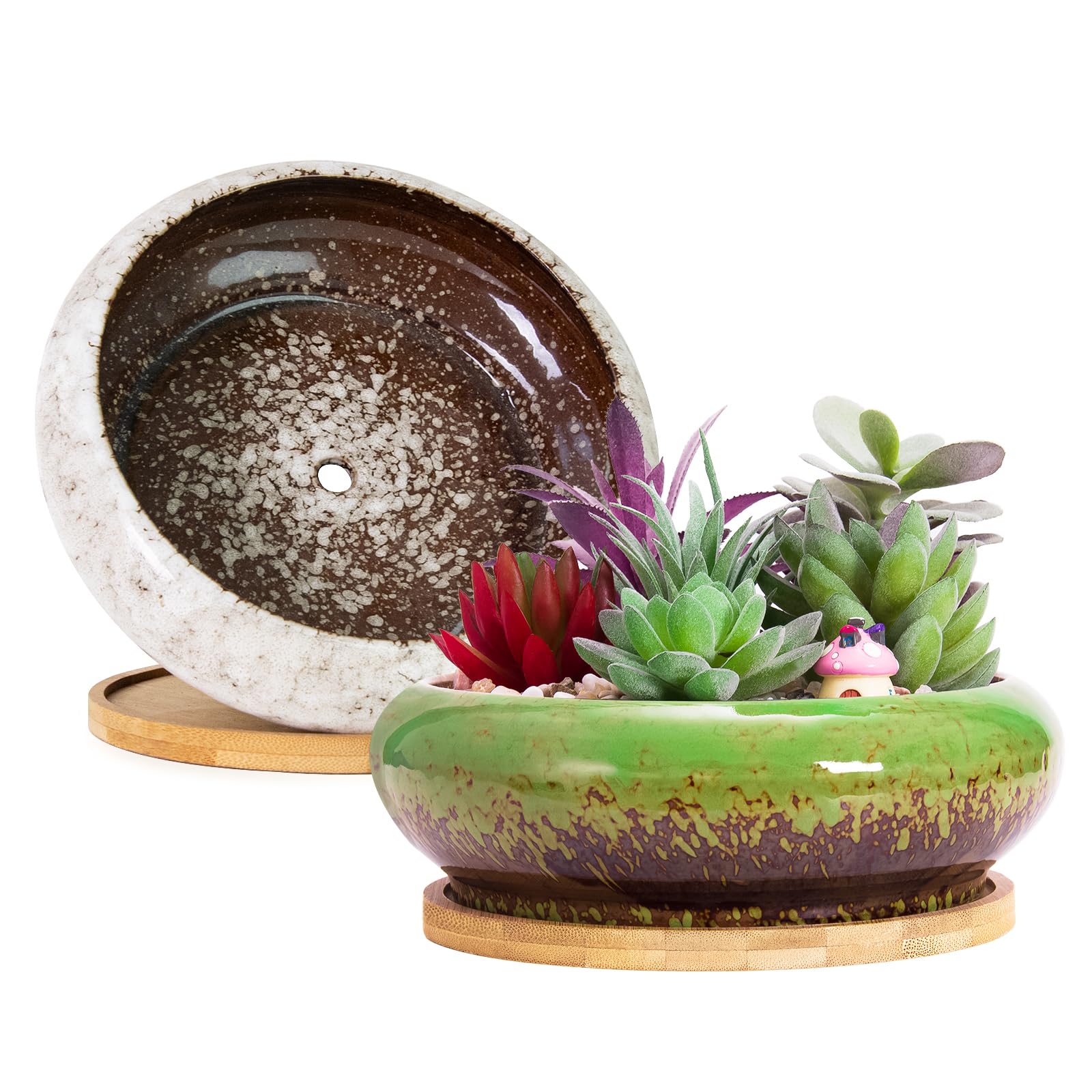 ARTKETTY Succulent Plant Pots, 2 PCS Large Bonsai Pot with Trays, Shallow Plant Pot Ceramic Pots for Indoor Cactus Flower Plants Decorative Garden Home Office