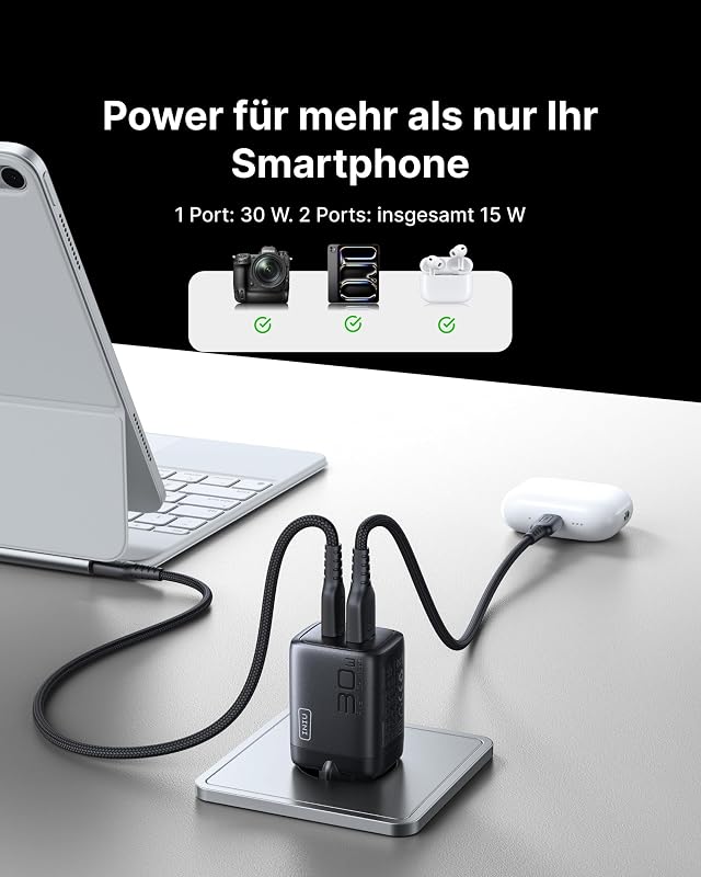 30W USB C Ladegerät, Dual-Port GaN Schnellladegerät mit 1,5m 60W Kabel