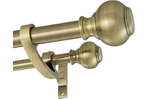 FUMLYATE 1 Inch Double Curtain Rods 48 to 84 Inches, Window Dual Drapery Rod, Adjustable Telescoping Heavy Duty Curtain Rods with Iron Finials and Aluminum Brackets for Bedroom, Patio, Kitchen, Antique Brass