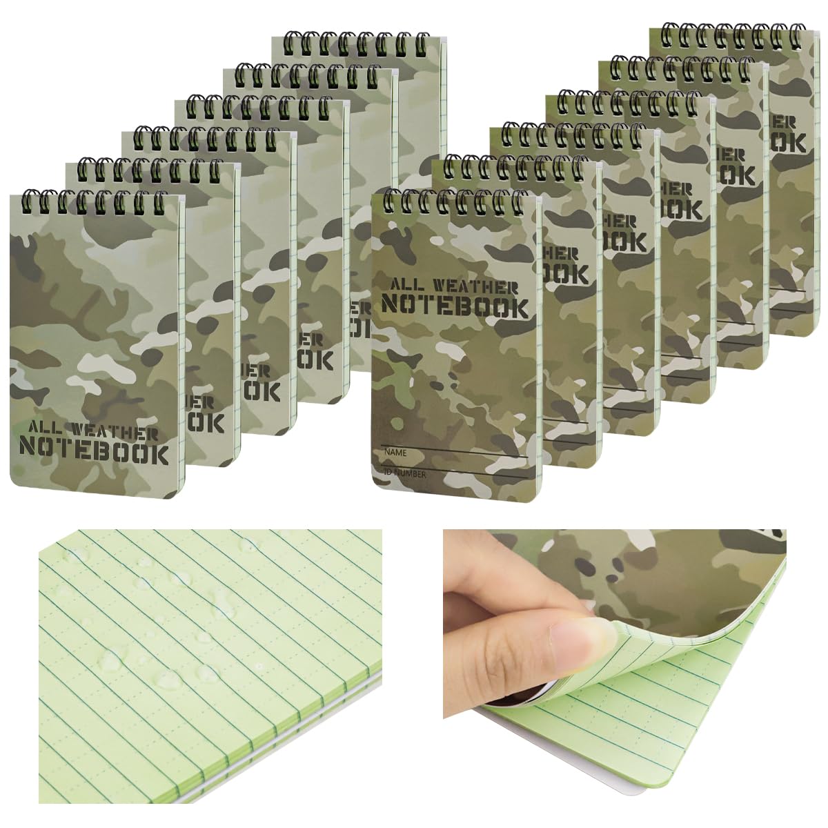 IBEQUEM 12Pack Waterproof Notebook, All-Weather Pocket Sized Memo Notepads with Top-Spiral Bound, Waterproof Pocket Notepad with Grid for Outdoor Activities Records and Tactical (Camouflage)