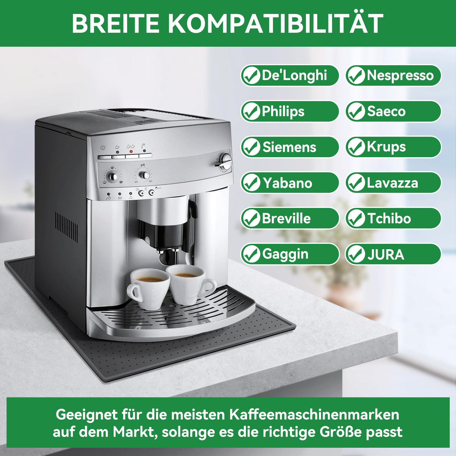 Inwee Unterlage für Kaffeemaschine, Silikonmatte für Kaffeevollautomat mit Rand, 48x30cm kompatibel mit De Longhi Magnifica, Philips LatteGo, Siemens EQ6, leicht zu verschieben (Grau) 5