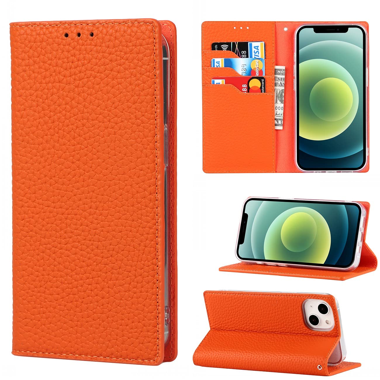 Copmob Case Compatible for iPhone 13,Premium Genuine Leather Flip Wallet Case,[3 Card Slots][Magnetic Closure][RFID-Blocking],Protective Case Cover for iPhone 13 - Orange