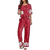 Ekouaer Pajamas for Women Set Short Sleeve Printe Lounge Sets Soft Pjs Round Neck Loungewear with Pockets S-XXL