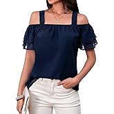Women's Casual Tops Short Sleeve Cold Shoulder Shirts Loose Square Neck T Shirts Blouse