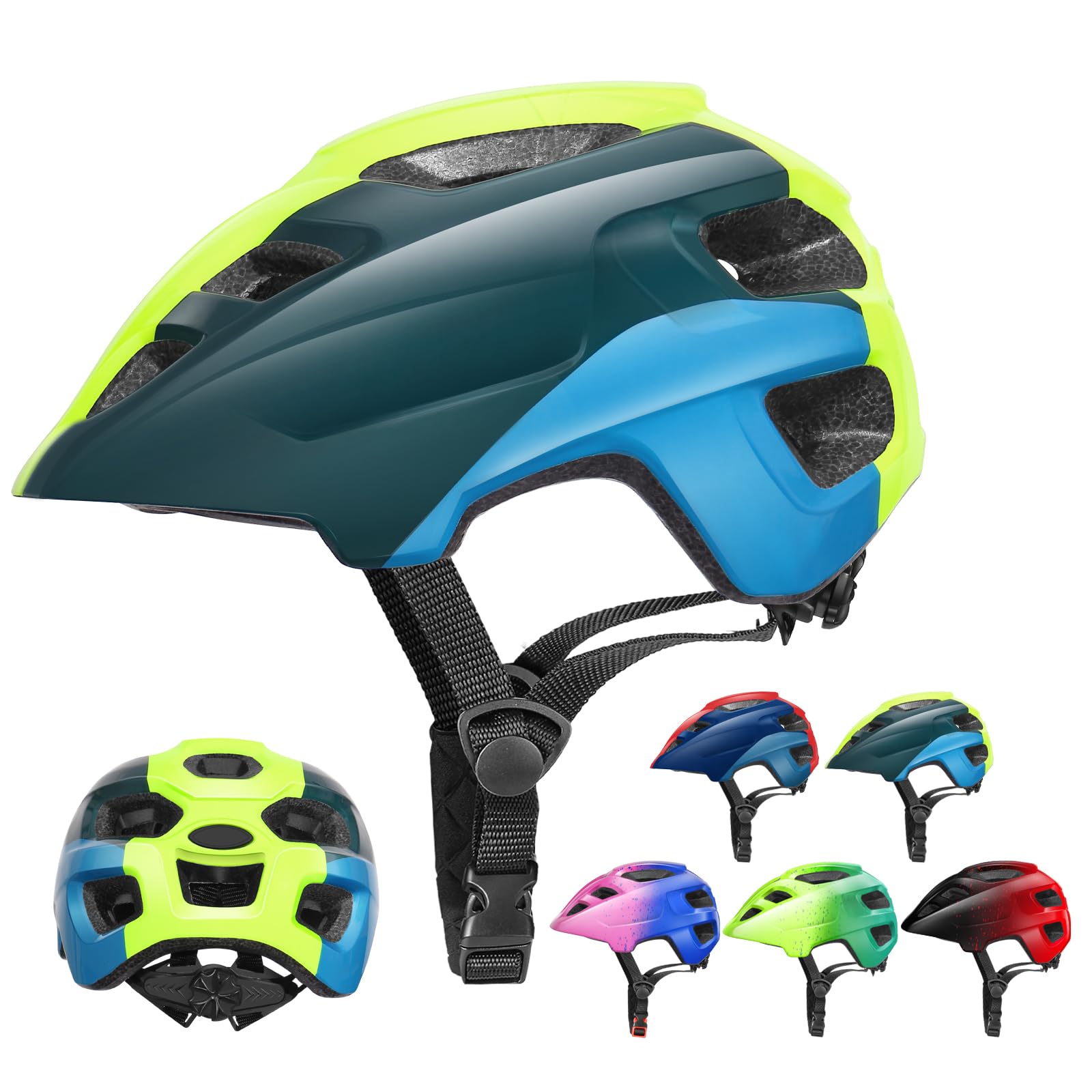 Kids Helmet, RaMokey Kids Bike Helmet for Boys Girls, Cycle Helmet with Visor for Kids 5-13, Childrens Bike Helmet Bicycle Cycling Helmet(51-55CM) (Green+Blue)