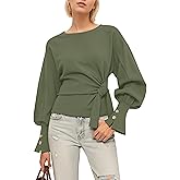 somzop Women’s Twist Knot Sweatshirt Balloon Sleeve Side Tie Front Pullover Crew Neck Long Sleeve Loose Fit Tops Fall Clothes