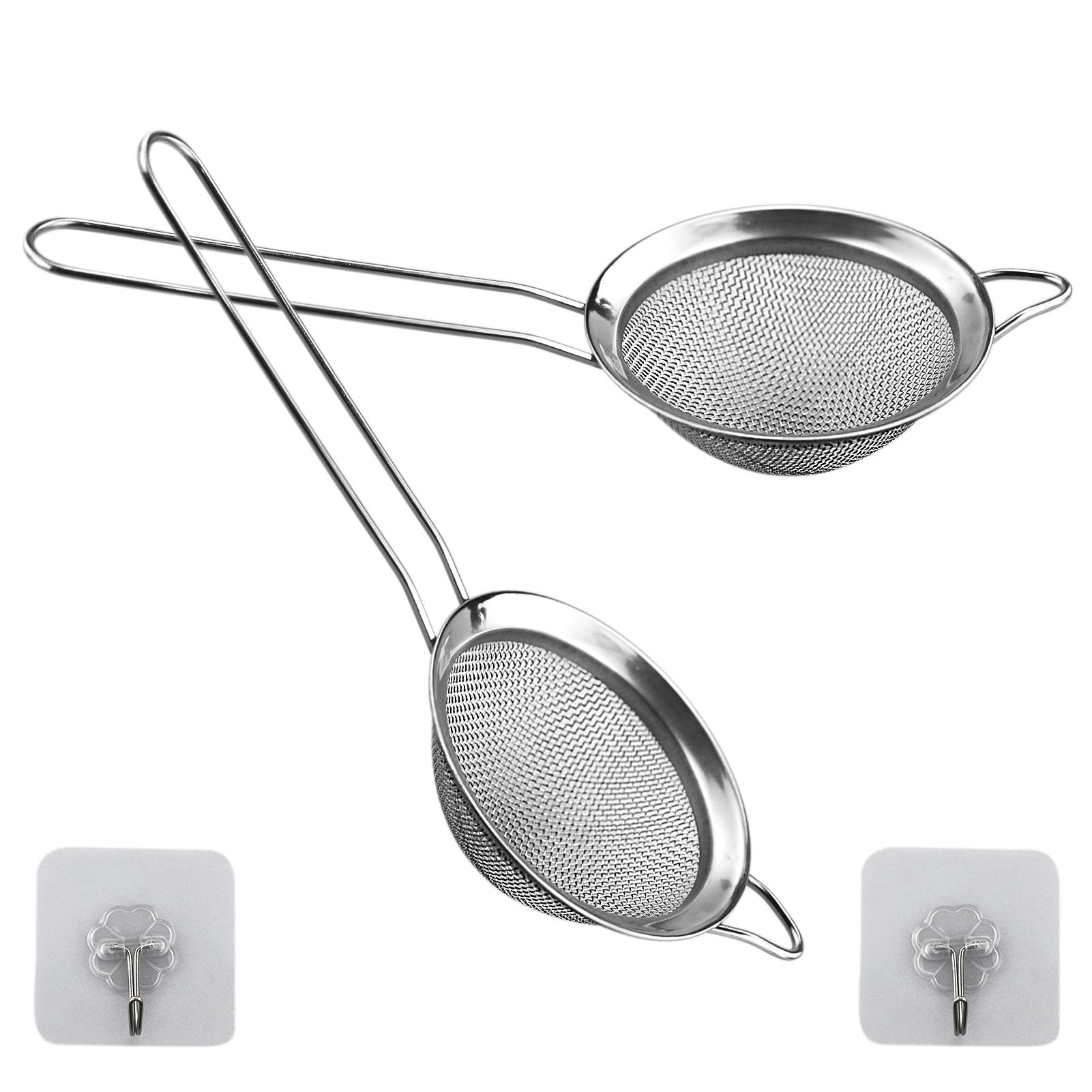 2 Pack Small Stainless Steel Fine Mesh Strainers with Kitchen Hooks,8 cm Diameter Mini Fine Mesh Sieve Tea Strainers Kitchen Colander Sieve with Handle - Ideal for Juice Egg Tea Coffee Flour Filter