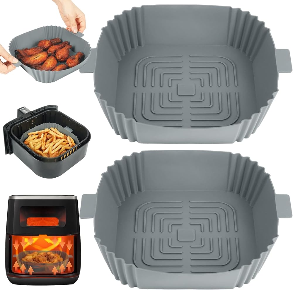 BYKITCHEN 8 Inch Silicone Air Fryer Liner, 2 Pack, Square Inserts