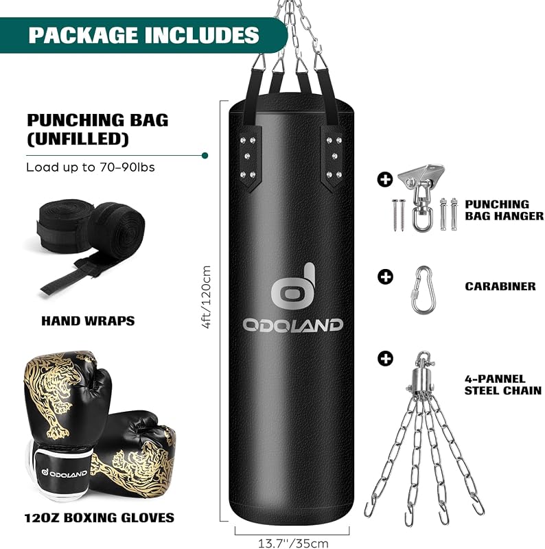 Pugilato Kit 6-in-1 per Uomini e Donne, Non Riempito Sacco da Boxe Fino a 68 kg con Guantoni da 12 Once e Bende, Catene da Appendere