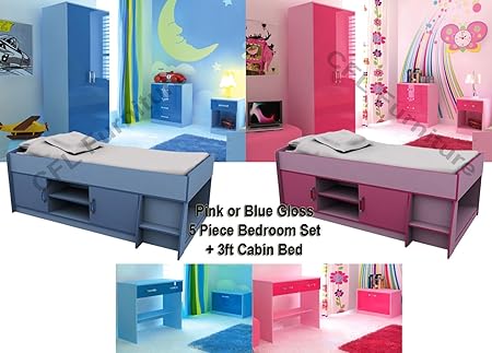 5 Piece Childrens Bedroom Set And 3ft Cabin Bed 2 Door Wardrobe