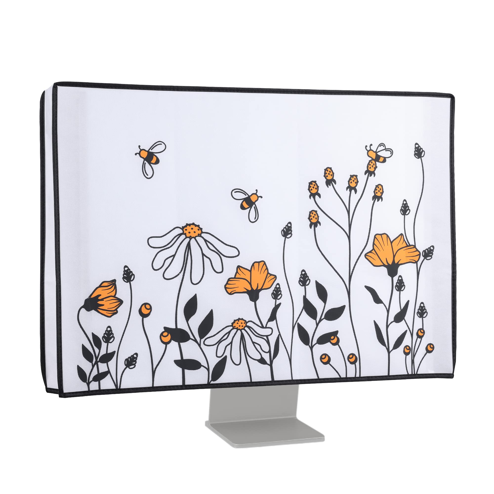 kwmobile Computer Monitor Cover Compatible with 27-28" monitor - Bees and Flowers Black/Orange/White — image 1