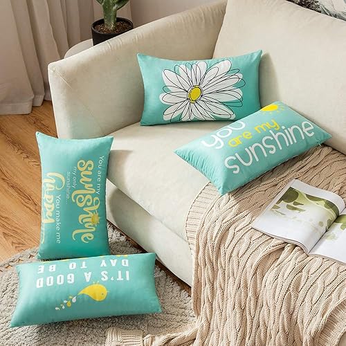 MIULEE Pack of 4 Outdoor Decorative Cute Throw Pillow Covers Summer Children's Day Quote Words Bird Sunshine Flower Cushion Case Sham Pillowcases for Couch Sofa Bed 12 x 20 Inch Teal