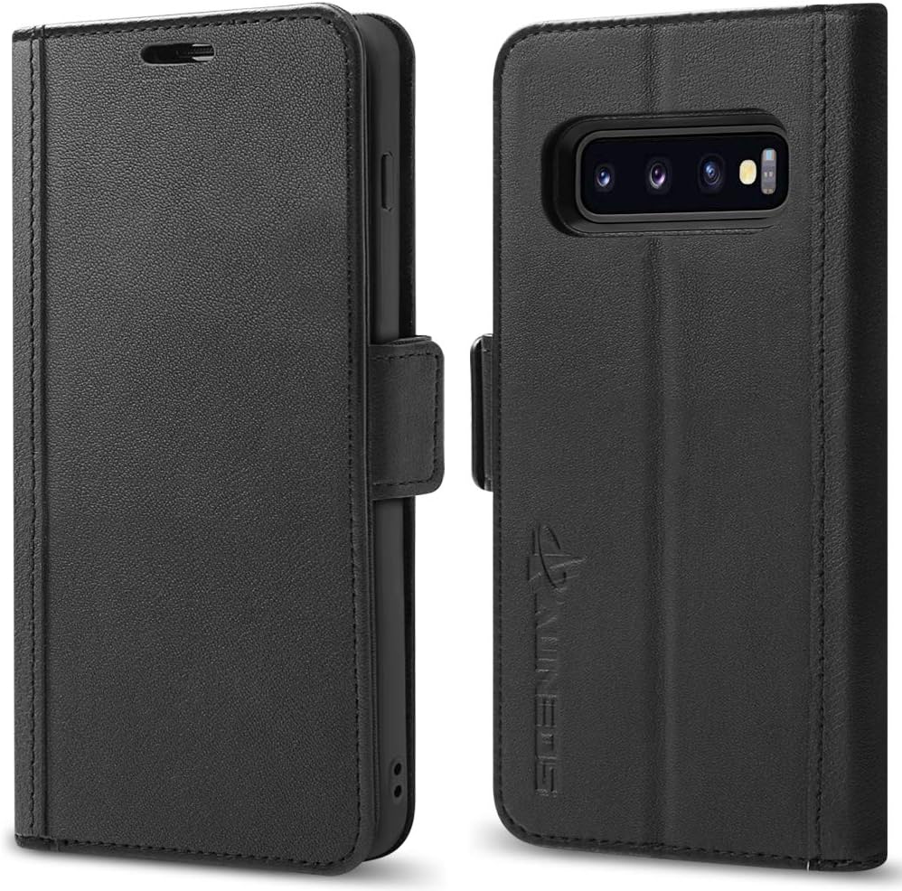 Galaxy S10 Wallet Case [3D Full Cover] AUNEOS Premium Leather Case for Samsung Galaxy S10 (6.1’’) [Genuine Leather] [Card Slot] [Magnetic Closure] Folio Flip Case for Samsung S10 (S10(6.1''), Black)