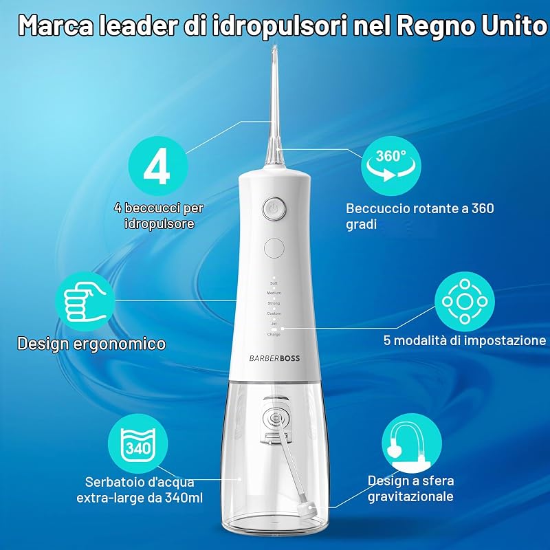 Idropulsore Advanced, 5 modalità di pressione e serbatoio capiente da 340 ml, irrigatore orale impermeabile IPX8, 4 punte a getto e blocco da viaggio, idropulsore portatile QR-7104 (bianco)
