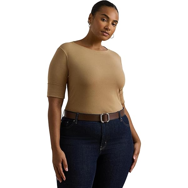 Lauren Ralph Lauren Women's Plus Size Stretch Cotton Elbow-Sleeve