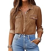 Denim Shirt Women Chambray Jean Western Shirts Long Sleeve Button Down Tops