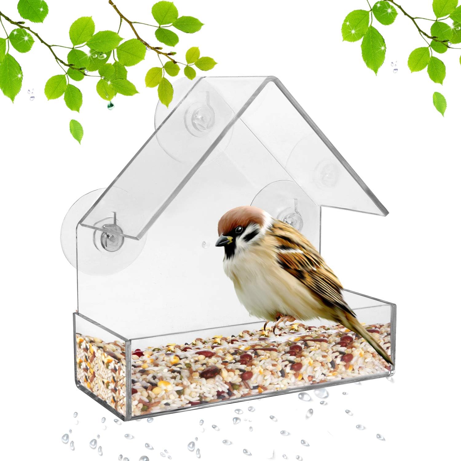 Outdoor Window Bird Feeder with Strong Suction Cups, Clear Window Suction Bird House for Outside Wild Birds Cardinals, Blue Jays, Finches, Chickadees, Nuthatches (Triangle Roof)