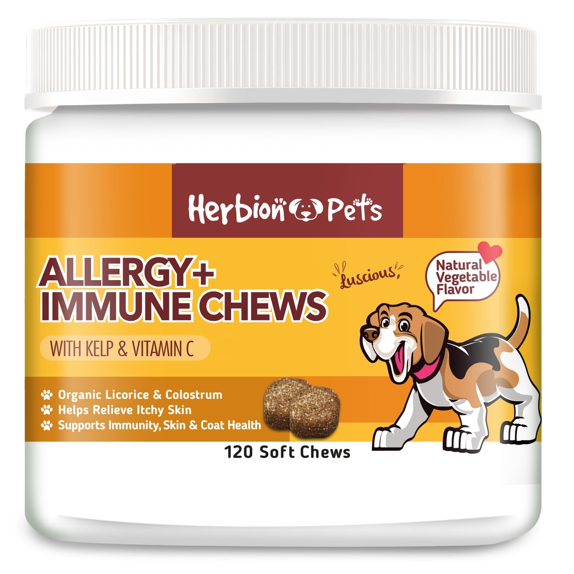 Herbion Pets Allergy + Immune Chews with Kelp & Vitamin C, 120 Soft Chews, Supports Immunity, Relieves Itchy Skin Natural Vegetable Flavor, For Dogs 12 Weeks +