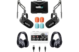Movo Portable Podcast Equipment Bundle for iPhone/Android Phones- Podcast Kit with Audio Interface, 2 CastMic Dynamic Mics, 2 Headphones, 2 Boom Arms - for Smartphones, Computers, PC and Mac