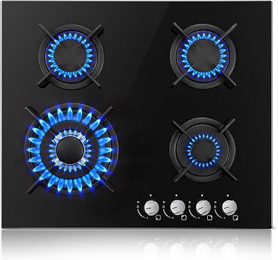 TopStrong 60cm Gas Hob 4 Burner Glass Wok NG/LPG Convertible with Safety