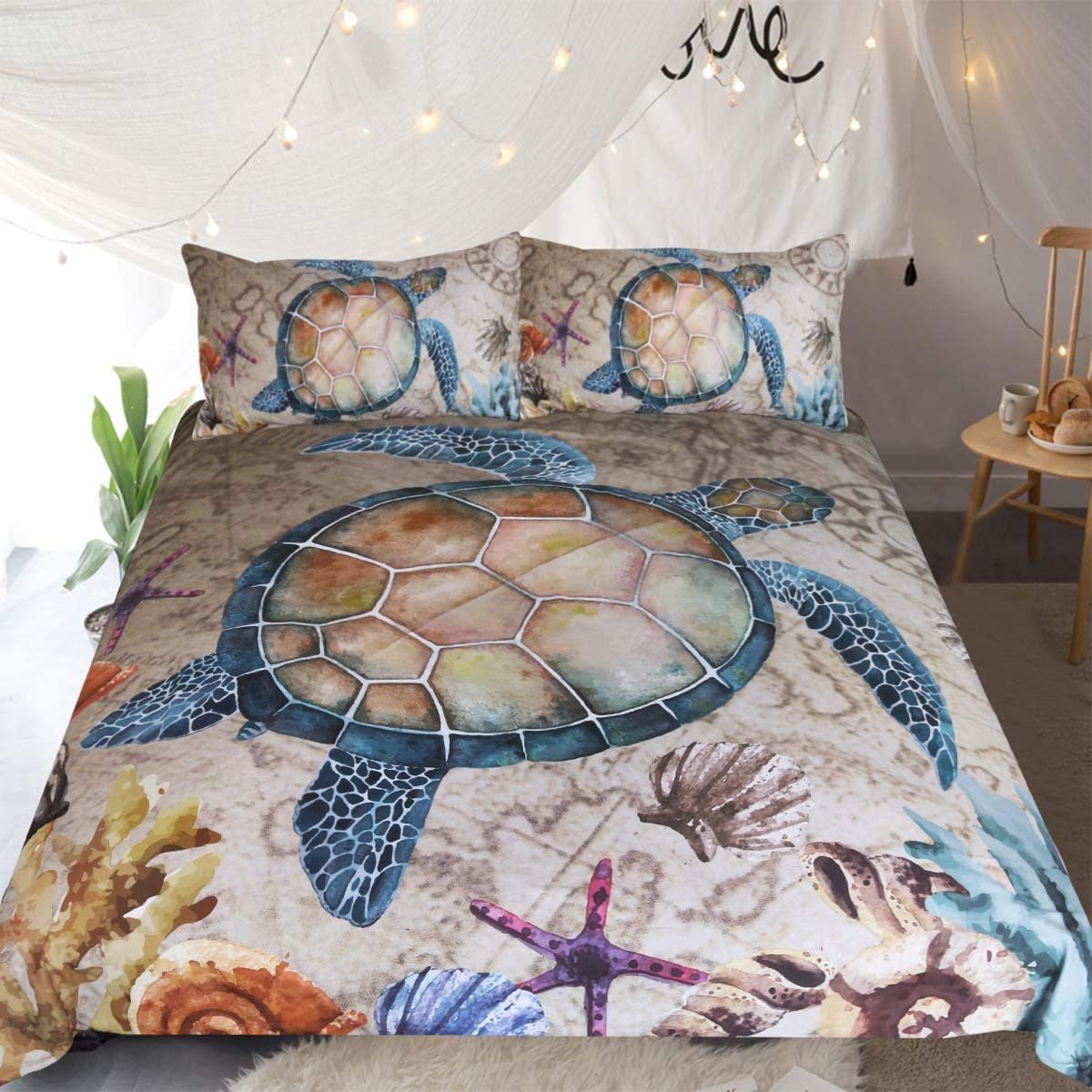 Sleepwish Turtle Bedding Sets Sea Turtle Duvet Cover Twin Teen Boy Nautical Map Bedding Set 3 Pieces Vintage Bedsets for Twin Beds College Dorm Room Bed Sets